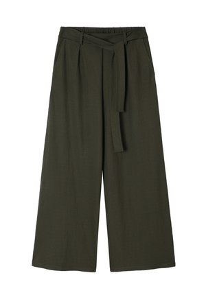 Weite Hosen aus dunkelgrünem Baumwollmix. Merkmale sind ein hoher Bund mit einem Stoffgürtel, zwei seitlichen Taschen und einer glatten Textur.