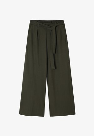 Wide-leg trousers in dark green cotton blend. Features a high waistband with a fabric belt, two side pockets, and a smooth texture.