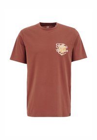 Bruine katoenen t-shirt met korte mouwen en een ronde hals, met de tekst "Volg de Zon" in een lichte kleur op de linker borstkas.