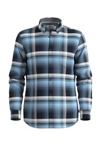 Hemd für Herren mit langen Ärmeln, Knöpfen, blauem, schwarzem, weißem und grauem Karomuster sowie einem Button-Down-Kragen.