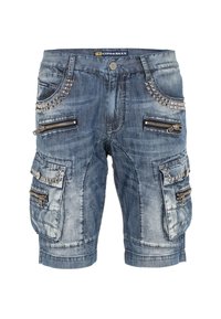 Denim-Cargo-Shorts in verblasstem Blau mit mit Nieten versehenen Akzenten, mehreren mit Reißverschluss versehenen Taschen und einem umgeschlagenen Saum. Textiles Material mit abgenutztem Aussehen.