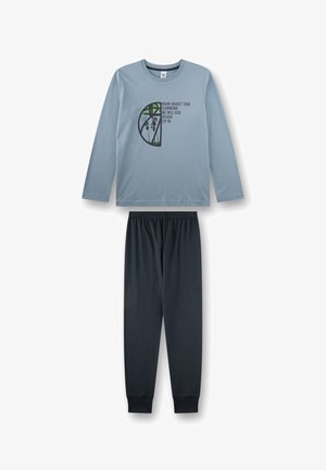 Kinder-Langarmshirt in Hellblau mit Miami-Basketball-Motiv und schwarze Jogginghose mit elastischem Bund.