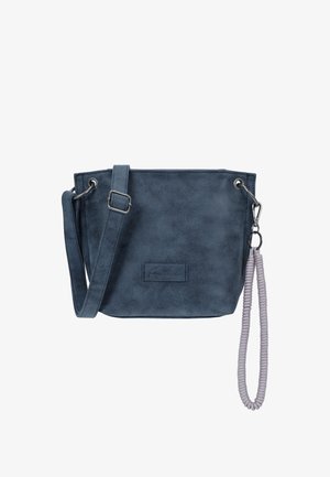 Borsa a secchiello in finta pelle grigia con tracolla removibile, chiusura con zip e manico ad anello. Texture liscia con dettagli minimi.