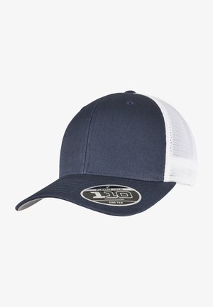 Navy blue cap with a textured fabric front and white mesh back; features a flat bill and a circular logo patch on the front.