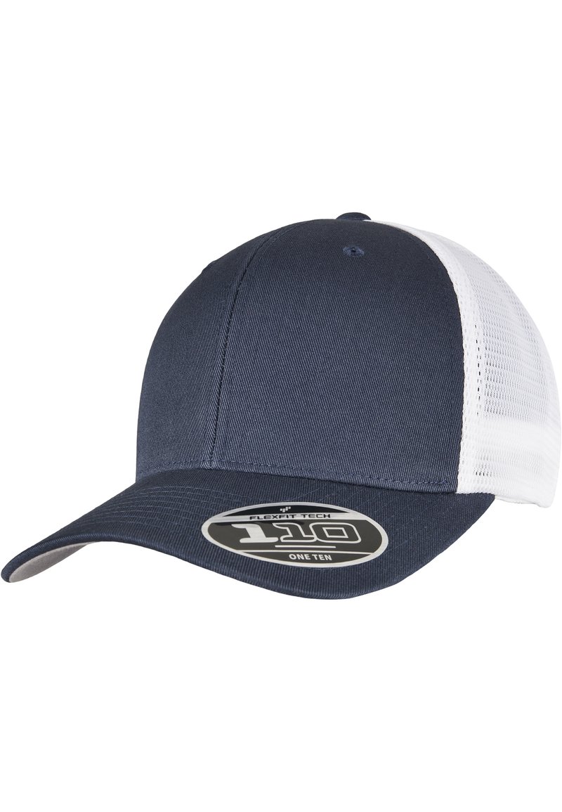 Mørkeblå caps med teksturert stoff foran og hvit nettingbakside; har en flat skjerm og et rundt logo-patch foran.