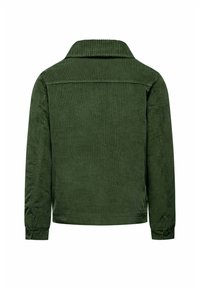 Giacca camicia in corduroy verde con colletto, maniche lunghe e polsini con bottoni. Presenta una texture rigata e un design con schiena dritta.