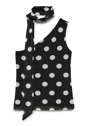 Top noir à une épaule avec des pois blancs et une longue écharpe attachée drapée sur le côté gauche.