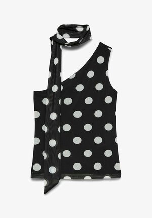 Top noir à une épaule avec des pois blancs et une longue écharpe attachée drapée sur le côté gauche.