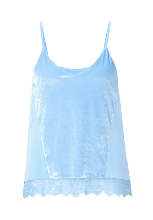 Lys blå camisole med en skinnende silkeagtig tekstur og justerbare stropper. Har en blondekant langs kanten for ekstra detaljer.