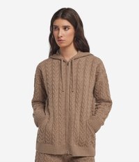 Brun, strukturerad stickad hoodie med flätmönster, dragkedja framtill, huva och sidofickor. Ribbstickade muddar och fåll för en åtsittande passform.