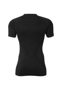 Sort tætsiddende atletisk t-shirt, korte ærmer, sømløs design, glat tekstur, let stræk og forstærkede sømme ved halsudskæringen og ærmerne.