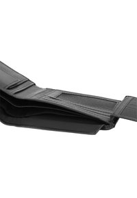 Sort åbent trek-foldet pung lavet af stof med flere rum og en lukning med velcrorem.