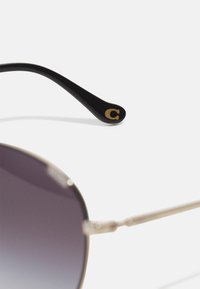 Braço de óculos de plástico preto com detalhes dourados, apresentando um logotipo 'C', combinado com lentes de óculos de sol escuras em degradê e detalhes de armação metálica.