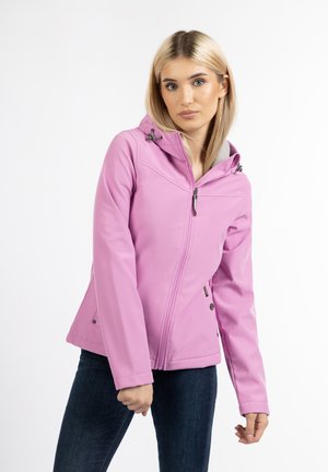 Lätt rosa jacka med en åtsittande design, dragkedja fram, justerbar huva och slät yta. Har synliga sömmar och fickor.