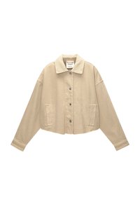 Beige cropped jack gemaakt van getextureerde katoen, met een kraag, knoopsluiting aan de voorkant en twee zijzakken.