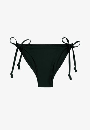 Slip di bikini nero con lacci laterali regolabili, realizzato in tessuto morbido con dettagli di cucitura minimi e un taglio classico.