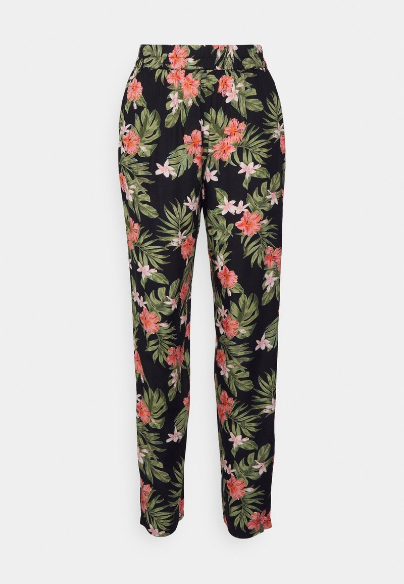 Pantalon noir avec des feuilles tropicales vertes et des fleurs roses, taille élastique, coupe droite, design floral estival décontracté.