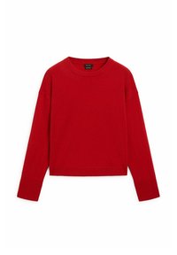 Punainen lyhyt neulepusero pitkillä hihoilla, ribbineuleella varustetut hihansuut ja pyöreä kaula-aukko. Valmistettu pehmeästä kankaasta, jossa on sileä pinta ja minimaalinen yksityiskohtaisuus.