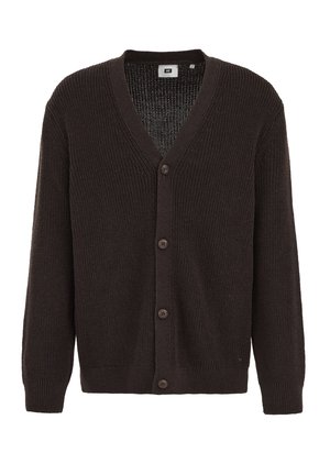 Bruine gebreide cardigan met een v-hals, sluiting met knopen aan de voorkant, geribbelde manchetten en zoom. Textuurstof met een losse pasvorm.