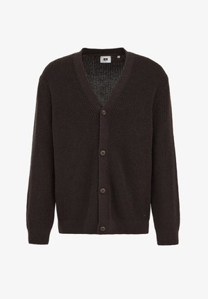 Cardigan a maglia marrone con scollo a V, chiusura frontale con bottoni, polsini e orlo a coste. Tessuto testurizzato con vestibilità ampia.