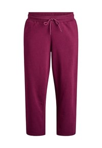 Burgundy cotton jogger pants with an elastic waistband, adjustable drawstring, and side pockets, featuring a straight leg design.