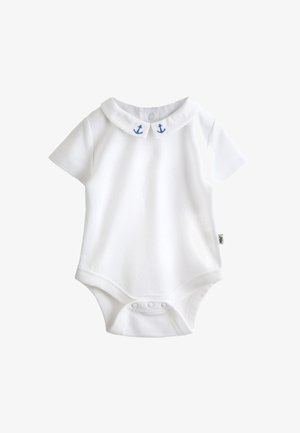 Baltas trumpomis rankovėmis kūdikių bodžiukas su Petro Pano apykakle, puoštas dviem mažomis mėlynomis inkarų siuvinėjimo detalėmis ir užsegamas spaustukais apačioje.