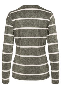 Maglietta a maniche lunghe con una texture grigia glitterata e strisce orizzontali bianche. Presenta un colletto rotondo e una vestibilità rilassata.