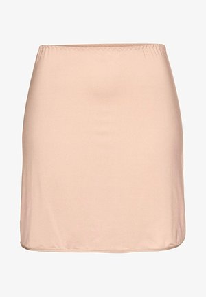 Knielanger, hellbeiger Rock aus glattem, dehnbarem Stoff mit elastischem Bund und sauberem Saum. Keine Muster oder sichtbare Hardware.