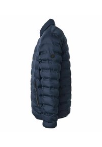 Mørkeblå dunjakke med en quiltet design, høj krave og en lynlåslomme på siden. Glat nylonstof med en struktureret overflade.