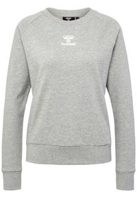 Grey sweatshirt made of soft fabric, featuring a crew neck, ribbed cuffs, and a small white logo on the chest. Simple design, relaxed fit.