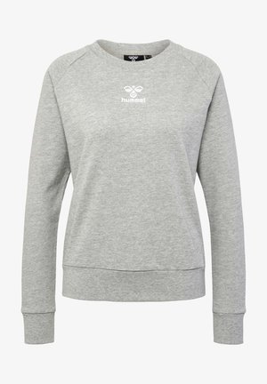 Grijze sweatshirt van zacht materiaal, met een ronde hals, geribde manchetten en een klein wit logo op de borst. Eenvoudig ontwerp, relaxte pasvorm.