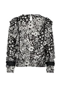 Blusa a fiori in bianco e nero con stelle, caratterizzata da spalle arricciate, rifiniture in pizzo sui polsini e chiusura a chiave sul retro.