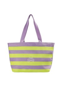 Torba tote w paski w kolorze fioletowym i neonowej zieleni, z białym nadrukiem czaszki z przodu, wykonana z wytrzymałego materiału z mocnymi uchwytami.