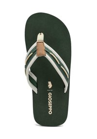 Chinela verde con suela texturizada, straps crema y un acento marrón. Presenta un logo y detalles en contraste en la tira.