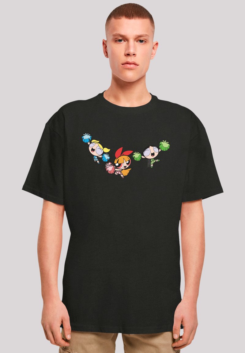 Schwarzes Baumwoll-T-Shirt mit drei cartoonhaften Charakteren, die pom-poms in lebhaften Farben halten. Rundhalsausschnitt und kurze Ärmel. Lässige Passform.