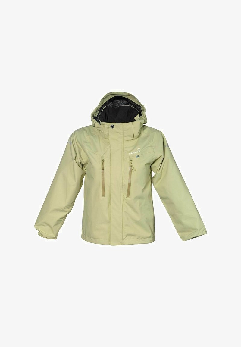 Lys grøn vandtæt jakke med hætte, lynlåslommer foran og en glat, mat overflade. Har justerbare manchetter og en høj krave.