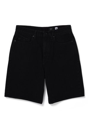 Short en jean noir avec bouton devant, fermeture éclair, passants de ceinture et design à cinq poches, présenté à plat sur fond blanc.