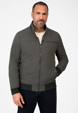 Men's bomber jacket in dark olive green. Smooth fabric, zip front, ribbed cuffs and hem, side pockets, tonal stitching detail.
