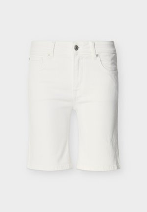 Valkoiset polvenmittaiset farkkushortsit, joissa on edessä nappi, vetoketju ja viisitaskumalli, esillä neutraalilla taustalla.