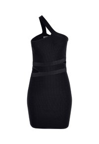 Černé bodycon šaty na jedno rameno s asymetrickými výřezy kolem pasu a přiléhavým střihem.