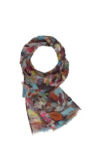 Sciarpa floreale realizzata in tessuto leggero, caratterizzata da colori vivaci come il rosa, il blu e il verde, con bordi frangiati e un design a cerchio.