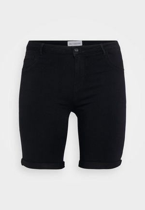 Schwarze Jeans-Shorts mit umgeschlagenen Säumen, ausgestattet mit einer Frontknopfschließe, Gürtelschlaufen und zwei vorderen Taschen. Glatte Textur, figurbetonter Schnitt.