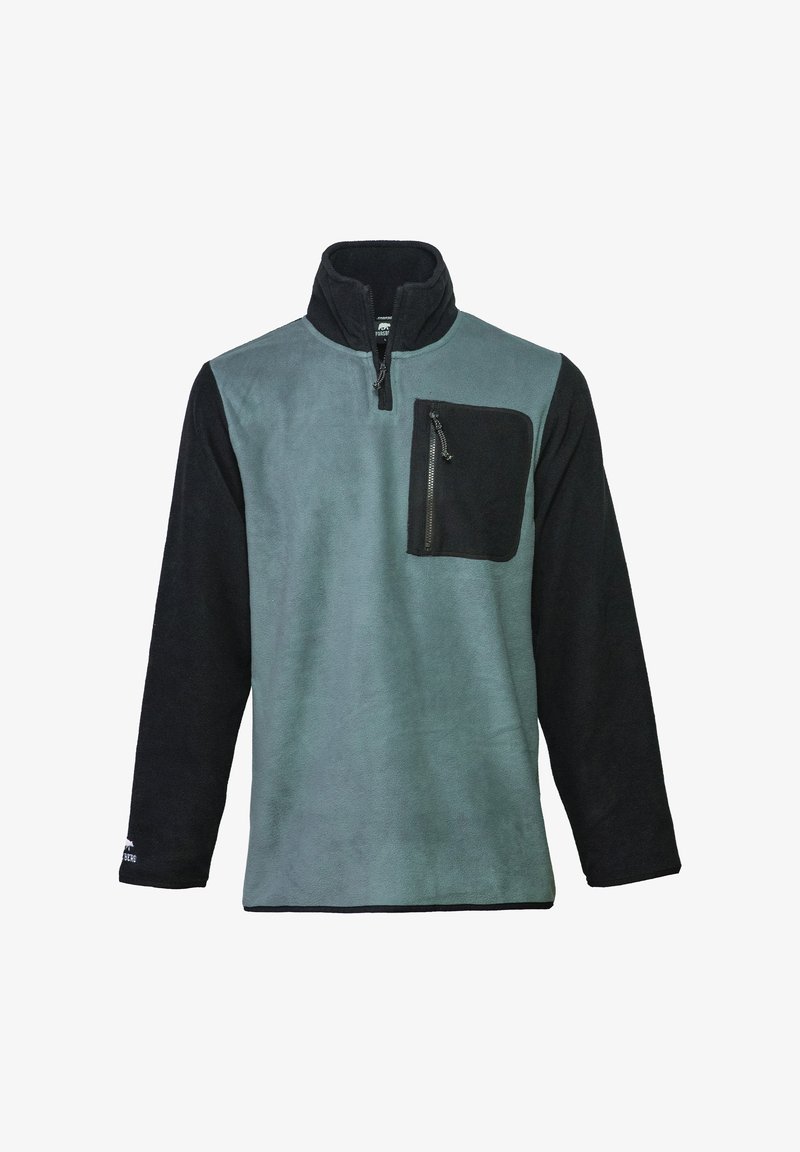 Fleece-Pullover in Türkis und Schwarz, mit einem Viertelreißverschluss am Hals, langen Ärmeln und einer Reißverschlusstasche auf der Brust. Weicher Stoff, kontrastierende Farben.