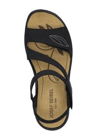 Zwarte sandaal met drie verstelbare banden, kurken voetbed en een gladde voering. Opvallend bladmuster op het voetbed met het merkimago.