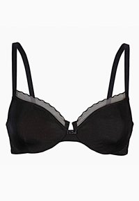 Reggiseno nero con ferretto, tessuto liscio, bordo in pizzo trasparente lungo la parte superiore, spalline regolabili e chiusura anteriore con gancio.