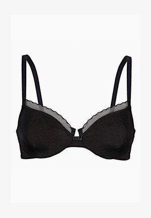 Reggiseno nero con ferretto, tessuto liscio, bordo in pizzo trasparente lungo la parte superiore, spalline regolabili e chiusura anteriore con gancio.