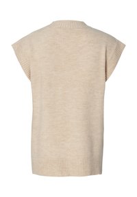 Beige oversized mouwloos vest, gebreide stof, geribbelde halslijn en zoom, zachte textuur, minimalistisch ontwerp zonder extra patronen of accenten.