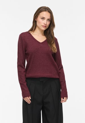Ung kvinde med langt brunt hår iført en burgundy V-hals sweater og sorte vidde bukser, stående mod en ensfarvet baggrund.