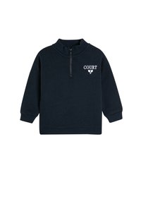 Sudadera azul marino con cuello de media cremallera, puños y dobladillo acanalados; presenta el texto blanco "COURT" y un pequeño gráfico de una raqueta.