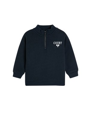 Sudadera azul marino con cuello de media cremallera, puños y dobladillo acanalados; presenta el texto blanco "COURT" y un pequeño gráfico de una raqueta.